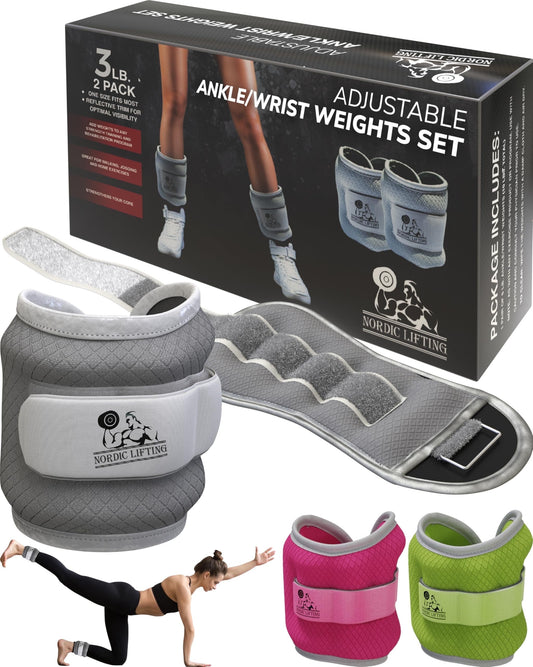 Adjustable Ankle/Wrist Weights (1 Pair) – for Women, Men & Kids - Grey, 3Lbs